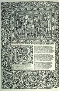 Szene aus "Troilus und Criseyde", historiierte Initiale "B", Manuskript mit ganzseitigem Rand, 1896 von William Morris