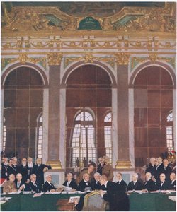 Unterzeichnung des Friedens im Spiegelsaal, Schloss Versailles, 28. Juni 1919, aus Cassells Geschichte des britischen Volkes veröffentlicht von der Waverley Book Company Limited, ca. 1940