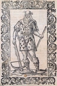 Mann mit Pelzkleidung, Armbrust und Schuhen mit gedrehten Spitzen (Beispiel für rudimentäre Skier), Illustration zugeschrieben Cesare Vecellio, veröffentlicht in Italien im 16. Jahrhundert