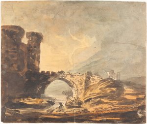 Landschaft mit einem Schloss und einer Brücke