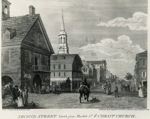 Second Street North von Market Street und Christ Church, Philadelphia, Zeichnung von William Russell Birch (1755-1834), gedruckt von R Campbell, Vereinigte Staaten von Amerika
