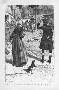 Mrs. Poyser, die Frau von Hetty Sorrels Bauernonkel Martin Poyser, mit Squire Donnithorne, dessen Sohn Arthur Hetty verführt hat von William Small