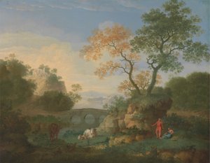 Eine Landschaft mit fernen klassischen Ruinen, einer Brücke, Figuren und Vieh von William Smith