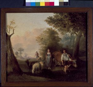 Landschaft mit Rindern und Schafen