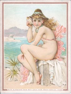 Viktorianische Neujahrskarte von einer badenden Schönheit am Strand, die eine Muschel ans Ohr hält, ca. 1881