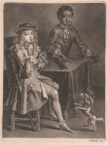 Zwei junge Männer, einer spielt eine Flöte, der andere zeigt auf einen tanzenden Hund von William Vincent