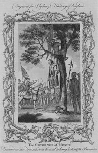 Der Gouverneur von Meaux wurde an dem Baum hingerichtet, an dem er seine englischen Gefangenen aufzuhängen pflegte, 1773 von William Walker