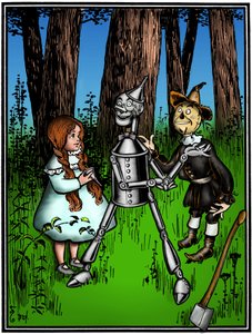 Der Zauberer von Oz - Zeichnung von Denslow, William Wallace für die erste Ausgabe 1900 von Frank Baums Buch - Dorothee, unterstützt von der Vogelscheuche, half dem Blechholzmann von William Wallace Denslow