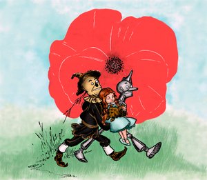 Der Zauberer von Oz - Zeichnung von Denslow, William Wallace für eine der ersten Ausgaben von Frank Baums Buch - Dorothee und ihr Hund Toto sind weit vom tödlichen Mohnfeld entfernt durch die Vogelscheuche und t von William Wallace Denslow
