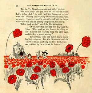 Der Zauberer von Oz - Kapitel VIII: Das tödliche Mohnfeld - Illustration von Denslow, William Wallace, erste Ausgabe 1900 von Frank Baums Buch - Dorothee und der gefürchtete Löwe
