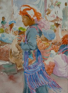 Nampan-Markt, an die Mutter klammernd
