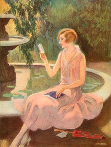 Junge Frau liest einen Liebesbrief an einem Brunnen, ca. 1925 von Wilton Williams