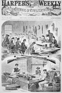Männer und Frauen füllen Patronen im Arsenal in Watertown, Massachusetts, aus 