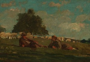 Junge und Mädchen auf einem Feld mit Schafen