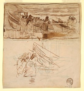 Zwei Studien von Frauen, die das Zuwasserlassen von Dories beobachten, Cullercoats, England, 1881