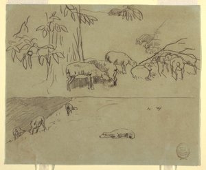 Zwei Ansichten von weidenden Schafen auf einem Feld, wahrscheinlich 1875–78