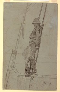 Zeichnung, Junger Mann lehnt an Segelboot-Rigg, wahrscheinlich 1861–62 von Winslow Homer