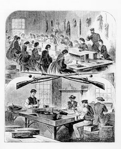 Patronen füllen im Arsenal in Watertown, Massachusetts, 1860er Jahre