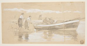 Fischer und Frauen verstauen Netze in einem gestrandeten Dory, Cullercoats, England von Winslow Homer