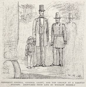 Präsident Lincoln, General Grant und Tad Lincoln an einem Bahnhof, 1887 von Winslow Homer