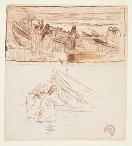 Zwei Studien von Frauen, die hinter einem Geländer stehen und den Stapellauf von Dories in Cullercoats, England, beobachten von Winslow Homer