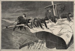 Winter auf See - Segel einholen vor der Küste, 1869