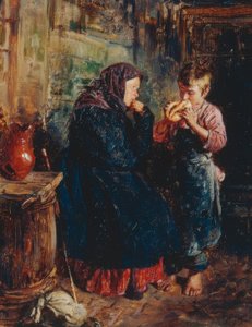 Alte Frau und Junge mit Brot