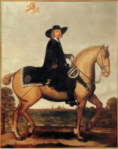 Christoph Bernhard von Galen zu Pferde vor der Silhouette von Münster