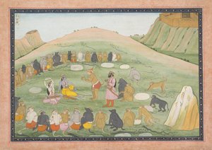 Hanuman belebt Rama und Lakshmana mit Heilkräutern: Illustrierte Folio, ca. 1790