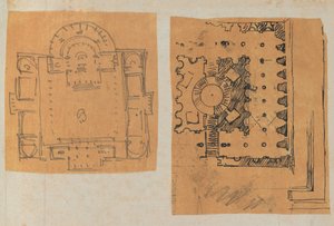 Seite aus einem Sammelalbum mit Zeichnungen und mehreren Drucken von Architektur, ca. 1800-1850. Schöpfer: Werkstatt von Charles Percier, Werkstatt von Pierre François Léonard Fontaine von Workshop of Charles Percier, Workshop of Pierre