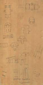 Seite aus einem Sammelalbum mit Zeichnungen und mehreren Architekturabdrücken, ca. 1800-1850. Schöpfer: Werkstatt von Charles Percier, Werkstatt von Pierre François Léonard Fontaine von Workshop of Charles Percier, Workshop of Pierre
