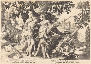 Jupiter in der Verkleidung von Diana verführt Callisto von Workshop of Hendrick Goltzius, after Hendrick Goltzius