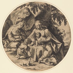 Die Heilige Familie mit der heiligen Elisabeth und dem heiligen Johannes dem Täufer von Workshop of Jacob Matham, after Hendrik Goltzius