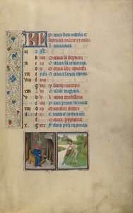 Ein Mann wärmt sich am Feuer; Sternzeichen Wassermann von Workshop of Willem Vrelant