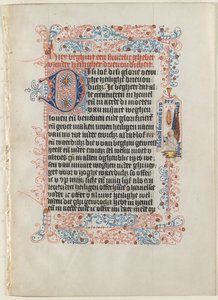 Blatt aus einem Stundenbuch: Engel mit Banderole in einem verzierten Rand, ca. 1475