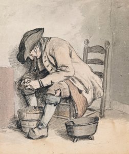 Ein sitzender Mann, der sich über einen Eimer beugt; Drei Frauen (schattenhaft) auf der Rückseite von Wybrand Hendriks