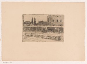 Landschaft mit Bebauung und einer arbeitenden Figur von Xavier Mellery (attributed to)