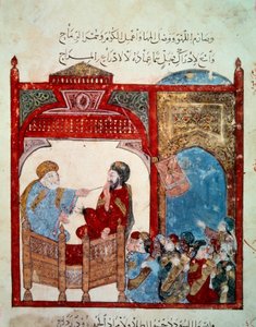 Der wandernde Navigator Abu-Zayd. Miniatur aus den „Maqamat“ (Seancen) von Abu Mohammed al-Kasim ibn Ali Hariri, illuminiert von Yahya Mahmud al-Wasiti im Jahr 1237, Paris, B.N. von Yahya ibn Mahmud Al Wasiti