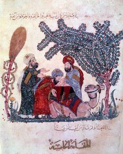 Der Bürger al-Harith, Sohn von Hammam, entdeckt eine Nachricht vom wandernden Navigator Abu-Zayd. Miniatur aus den „Maqamat“ von Abu Mohammed al-Kasim ibn Ali Hariri (1054-1122)