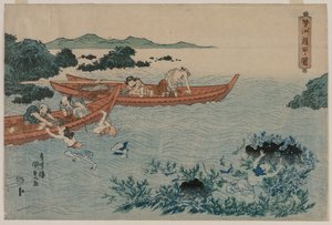 Abalone-Taucher vor der Küste von Ise, aus einer unbetitelten Landschaftsserie, frühe 1830er Jahre von Yamaguchiya Tobei