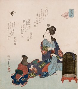Kokoro no hana "Blumen des Herzens", ein poetischer Ausdruck, der die sich ständig ändernden menschlichen Emotionen mit leicht verstreuten Blütenblättern vergleicht, illustriert eine Mutter und ihre Tochter, die einen Vogel beobachten, der aus seinem Käfig von Yanagawa II Shigenobu