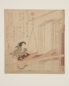 Frau beim Weben an einem Webstuhl (Farbholzschnitt) von Yanagawa Shigenobu