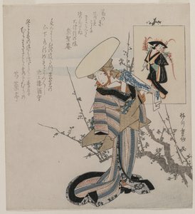 Frau bei einem Pflaumenbaum, verglichen mit der Glyzinien-Maid (aus einer Serie von Frauen, die mit Figuren aus Otsu-Gemälden verglichen werden) von Yanagawa Shigenobu