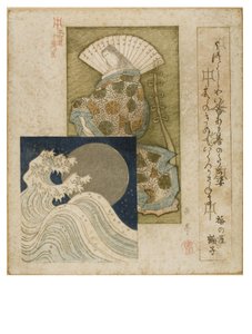Hofdame der Heian-Zeit mit großem Fächer und Silbermond und Wellen aus der Serie Honcho Dichtungskreis, ca. 1815-1825 von Yashima Gakutei