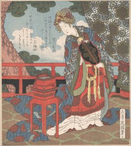 Dame mit Fächer auf der Veranda von Yashima Gakutei