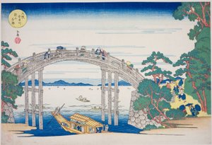 Die Steinbrücke über den Aji-Fluss nahe Nii-Hügel, Osaka, aus der Serie "Berühmte Orte in Osaka: Schöne Ansichten des Berges Tenpo" von Yashima Gakutei