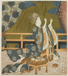 Zwei chinesische Frauen untersuchen Faden und ein Spinnennetz in einer Schachtel, aus der Serie "Diptychon für die Trommelgruppe" von Yashima Gakutei