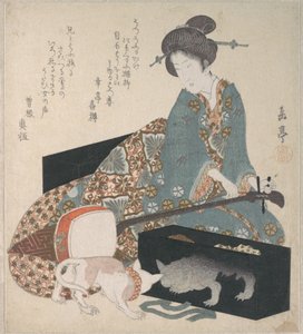 Frau beim Stimmen einer Shamisen und eine Katze, die ihr eigenes Spiegelbild betrachtet von Yashima Gakutei