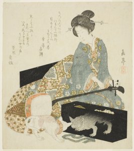 Frau mit Shamisen und Katze