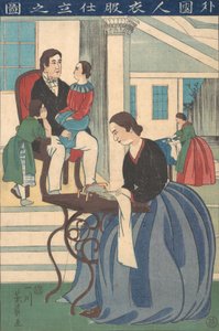 Ausländische Familie mit Frau, die Kleidung macht, 1860 von Yoshikazu